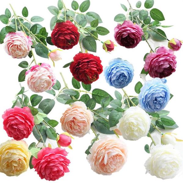 3 cabezas de flores artificiales ramo de peonía flores de seda ramo de novia otoño rosa falsa vívida para boda fiesta en casa Decor304q