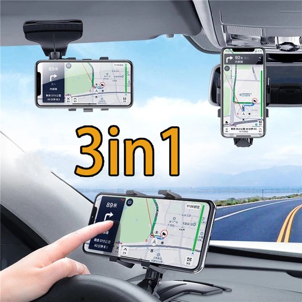 Support de téléphone de voiture 3in1 tableau de bord rétroviseur Support de volant Support de pare-soleil Mobile cellule GPS Support tablette véhicule