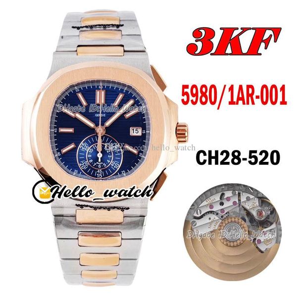 3KF 5980/1AR-001 CH28-520C Cronógrafo automático Reloj para hombre Textura azul Dial Dos tonos Oro rosa Acero 316L Cronómetro Relojes deportivos HWPP Hello_Watch