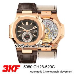 3KF 5980 CH28-520C Automatik-Chronograph Herrenuhr, Roségold, braune Textur, Zifferblatt, Strichmarkierungen, braunes Leder, Super Edition, neue Puretime PTPP H8