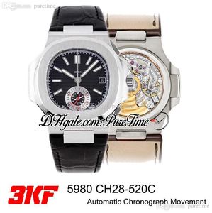 3KF 5980 CH28-520C Automatische Chronograph Mens Horloge Zwart Textuur Dial Stick Markers Zwart Lederen Beste Editie Stopwatch Puretime PTPP C3