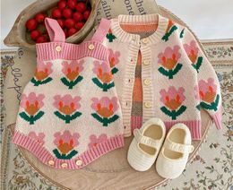 3M-2T INS Baby Girls Cardigan With Flower knitted Sweater And Romper 100% cotton boutique For Girl Spring Fall Clothing 86073