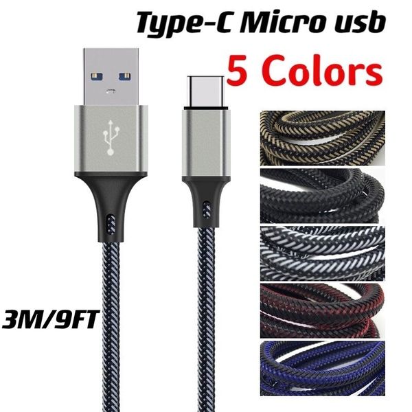 Câble Micro Usb de Type C à charge rapide de 3M/9 pieds, pour filet de poisson tressé, pour téléphone portable Samsung s8 s10 htc lg android