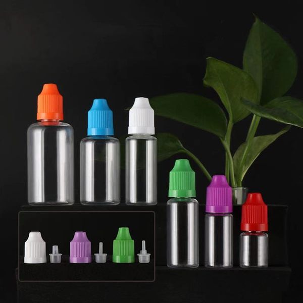 DHgate 3 ml 5 ml 10 ml 15 ml 20 ml 30 ml 50 ml Lege Eye Dropper Olie Plastic Pet Clear Fles met Lange Dunne Naald Top en Kleurrijke Temperproof Cap FreeShip