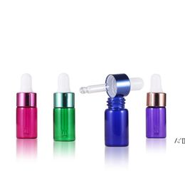 3 ml Azul Verde Púrpura Rosa Oro 3 ml Botella cuentagotas de vidrio vacía Pequeña botella de aceite esencial con tapa colorida para muestra de líquido E LLA10619