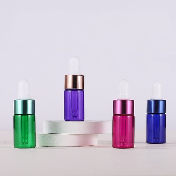 3 ml bleu vert violet rose rose 3 ml bouteille de compte-gouttes en verre vide petite bouteille d'huile essentielle avec capuchon coloré pour le flacon d'échantillon liquide