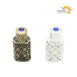 Botella de perfume árabe de bronce de 3 ml Botellas de vidrio árabes recargables con decoración artesanal Contenedor de aceite esencial Sidqf