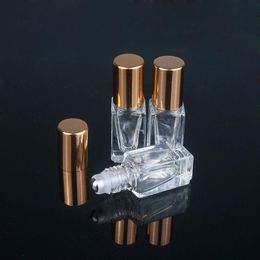 Botellas de Perfume de aceite esencial de 3ML, botella cuadrada de vidrio transparente con tapa dorada/plateada, rodillo de acero inoxidable Frwak