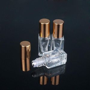 Bouteilles de parfum d'huile essentielle de 3ML, rouleau carré en verre transparent avec capuchon or/argent, rouleau en acier inoxydable Fpflb