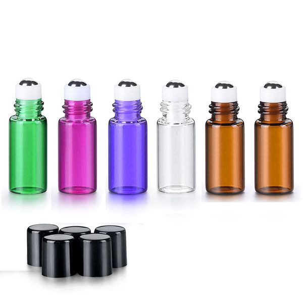 Micro Mini bouteilles en verre coloré de 3ML, avec boules à roulettes en acier inoxydable, bouteilles en verre pour huiles essentielles