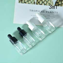 Mini flacons compte-gouttes carrés en verre de 3ml, bouteilles d'huile essentielle vides d'aromathérapie, bouteilles à Pipettes à bouchon blanc et noir