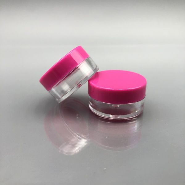 3 ml d'échantillon en plastique Jar Small 3G Ps Poudre en poudre transparente Jar en plastique transparent Pot cosmétique 3G avec pot fuchsia pour maquillage, ombre à paupières, ongles, poudre, gemmes, perles