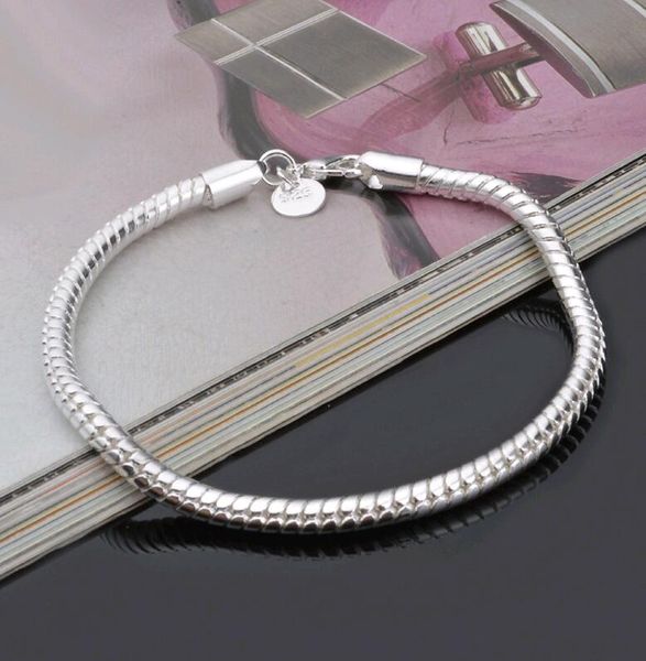 20 cm Serpent Chaîne Bracelet 3 MM 4 MM Fermoir Homard avec 925 Timbre Argent Plaqué Bracelets fit Charms Perles En Gros