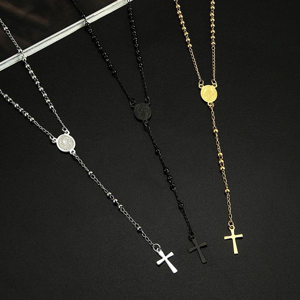3 mm Cross Crucifijo Collar Católico Religioso Collar clásico Clazo de rosario Cadena de acero inoxidable