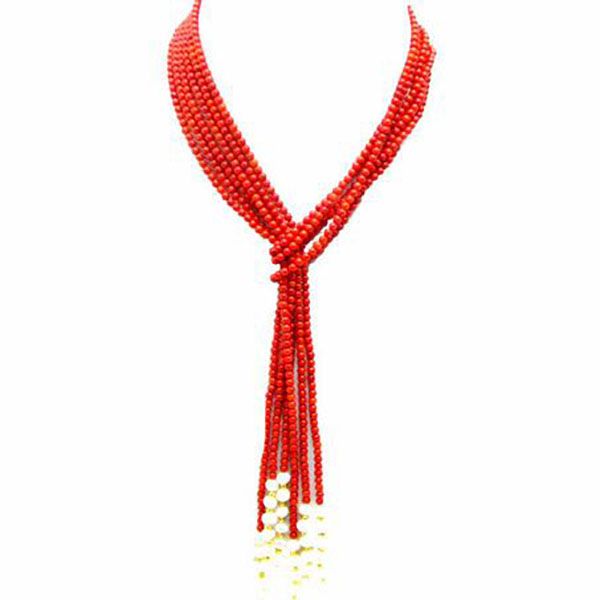 Collier de corail rose / rouge / orange 3 mm Femmes Perle blanche Perle 3 brins Long Collier 45 ''