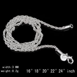 3mm touw kettingen 925 sterling verzilverd kettingen mode mannen kreeft clascs sieraden vrouwen geschenken 16 18 20 22 24 26 28 30 inch