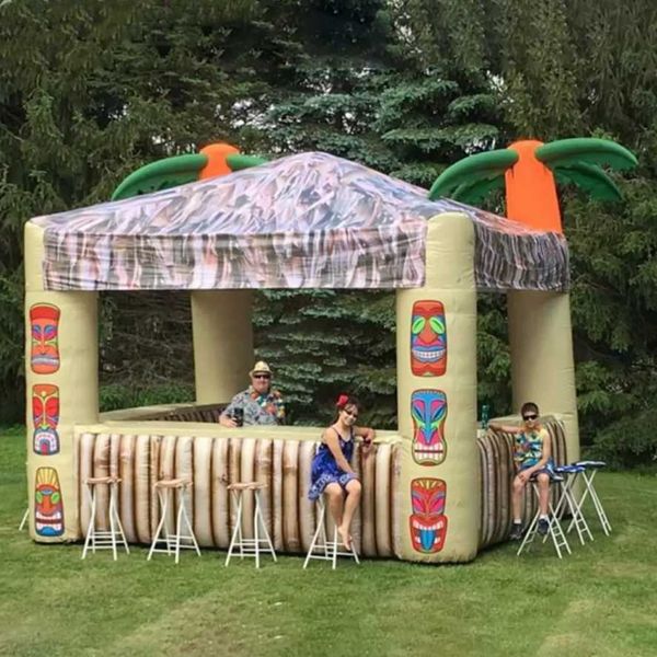 Tente gonflable de concession de boissons avec fenêtres ouvertes de 3 mx 3 mw avec cocotier pour des vacances tropicales ou une fête en plein air avec des sièges disponibles à l'intérieur, fabriquée en Chine