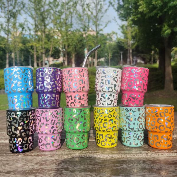 Vaso de chupito holográfico de 3 oz con estampado de leopardo y pajita de metal, vaso de acero inoxidable, mini vasos, taza de viaje, botella de agua, copas de vino