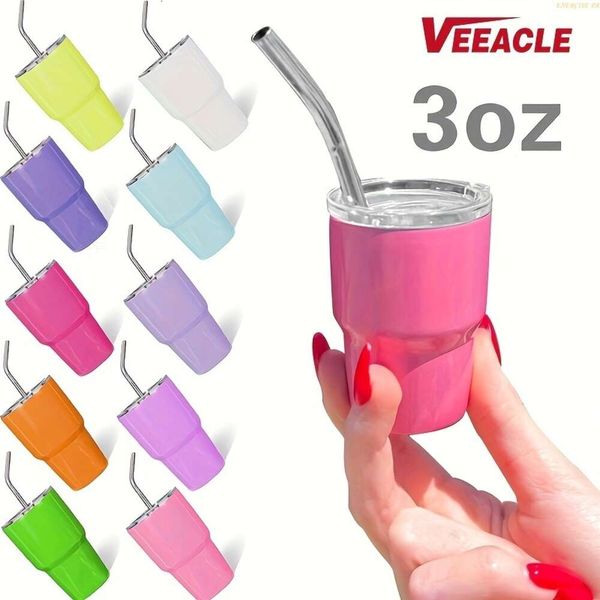 Mini-tasse isolée en acier inoxydable de 3oz, paille réutilisable, couleurs vives-convient aux voyages pour le camping en plein air, paquet simple ou de 6