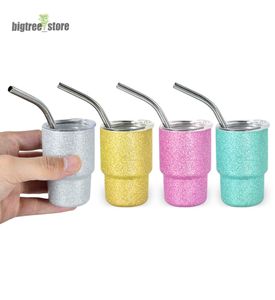 3oz Sublimatie Chuncky Glitter Borrelglas Cup 90ML Glanzend Zilver Wijn Tumbler Kleine Borrelglas Met Deksel En stro voor DIY