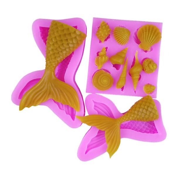 Paquete de 3 moldes de silicona para decoración de pasteles de la serie de organismos marinos, molde para cupcakes con cola de sirena 3D, jabón hecho a mano DIY