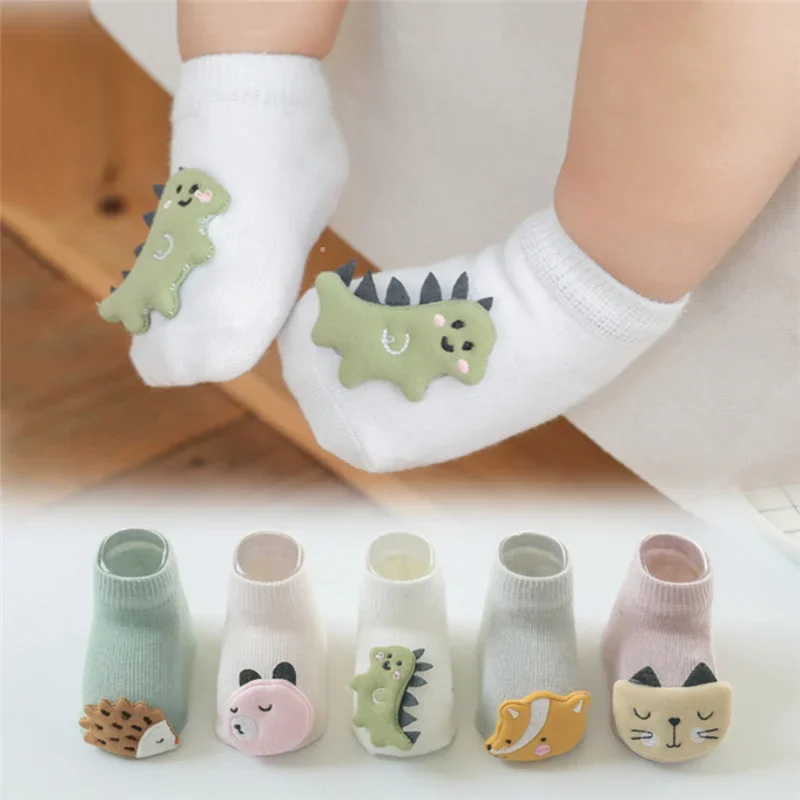 3pairs Baby Boy Girl Socks Kids Dinosaur/Fox Nyfödda Billiga saker Anti Slip Sokken för 0-3 år Bebe Spädbarn Toddlder golvstrumpor