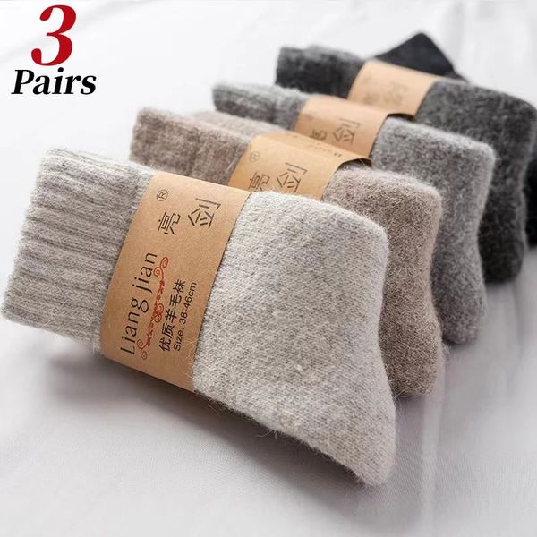 3pairsmens chaussettes hiver chaud couleur unie laine thermique super épais neige confort heureux long tube eu3846 240112