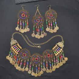 3PC Indiase Afghaanse Jewerly Sets voor Vrouwen Boho Etnische Haarbanden Ketting Oorbellen Munten Kwasten Vintage Kleurrijke Crystal Drop 240228