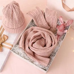 3PC tricoté chapeau écharpe gants ensembles pour femmes hiver chaud laine Twist Cap Gorros Bonnet solide bandeau tricot années cadeau 211110