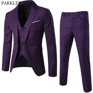 3PC Heren Paars Pak (jas + Broek + Vest) Merk Slim Fit Elegante Pakken met Broek Mens Grooming Busienss Smokkelen Suits Ternos S-6XL X0909