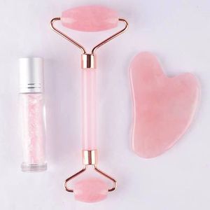 3pc / Set Masajeador de rodillos faciales Guasha Botella de piedra curativa Regalo Cristal natural Rodillos de cuarzo rosa Masaje Cuello Cuidado de los ojos Belleza Herramientas de salud