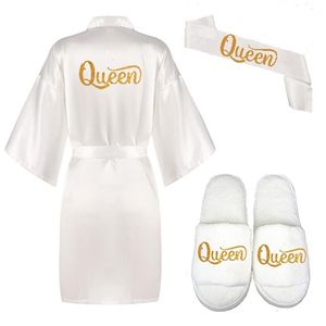 3pc ensemble paillettes or reine robe mariée satin robe femmes blanc kimono pyjamas fête de mariée kimono mariage reine robes de mariée 210831188v