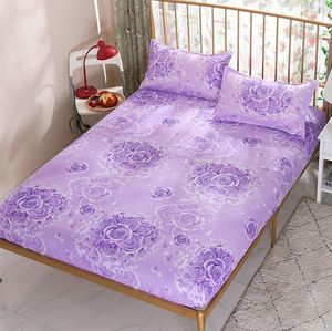 3 unid / set Ropa de cama para el hogar de moda 1 sábana + 2 fundas de almohada Protector de colchón de flores de rosa púrpura Fundas de cama F0075 210420