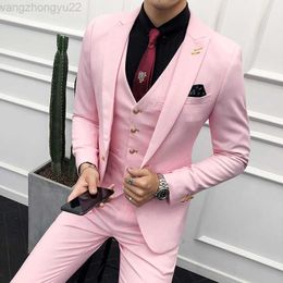 3 pz Vestito di Marca Slim Fit Affari Abbigliamento Formale Smoking Abito Da Sposa Abiti Da Uomo Casual Costume Homme 3xl Rosa X0608