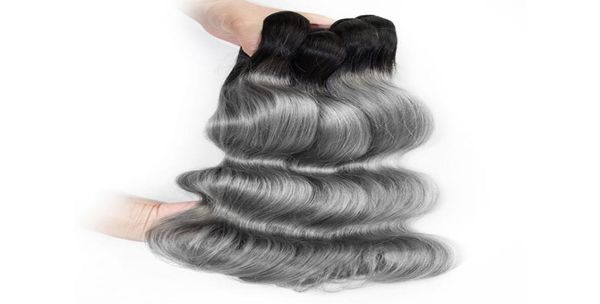 3PC T 1B Gris oscuro Ombre Paquetes de cabello humano Dos tonos de color Peruano Onda del cuerpo Virgen Brasileño Extensiones de cabello indio malasio 9131187