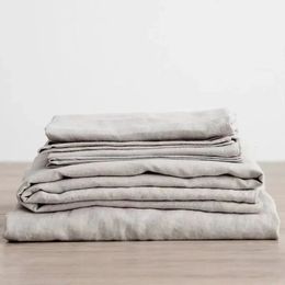 3 pièces 100% ensemble de draps en lin lavé draps de lit en lin naturel 2 taies d'oreiller respirant doux ferme literie drap de lit plat 240312