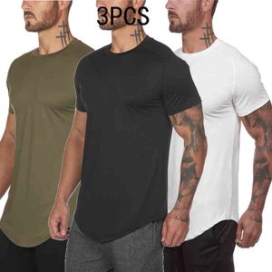 3PCS / 2PCS Mesh T-Shirt Gym Vêtements À Manches Courtes Tees Fitness Homme D'été Casual Mode Slim Fit Tshirt Bodybuilding Tops 210421