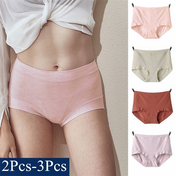 [3pcs / 2pcs] Sous-vêtements femmes plus taille culotte taille moyenne slips coton respirant sans couture mince confortable doux grand caleçon 201112