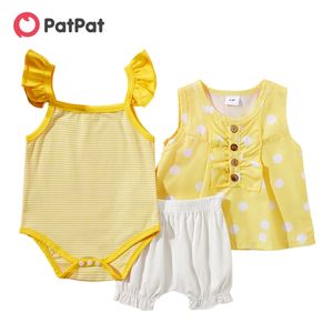 3 stks 3-24M Baby Girl Clothes Sets Sweet Stripe and Polka Dot voor mouwloze katoenen Ropmer Top kort voor zomer 210528