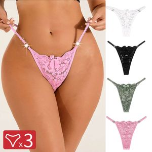 3pcs 3pcs/set Vrouwen Sexy Kanten Slipje Perspectief Ondergoed Lage Taille Dunne Band Strass String G-string Ademend Zachte Lingerie