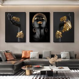 3pcs Femmes noires africaines avec des affiches d'art mural bijoux en or