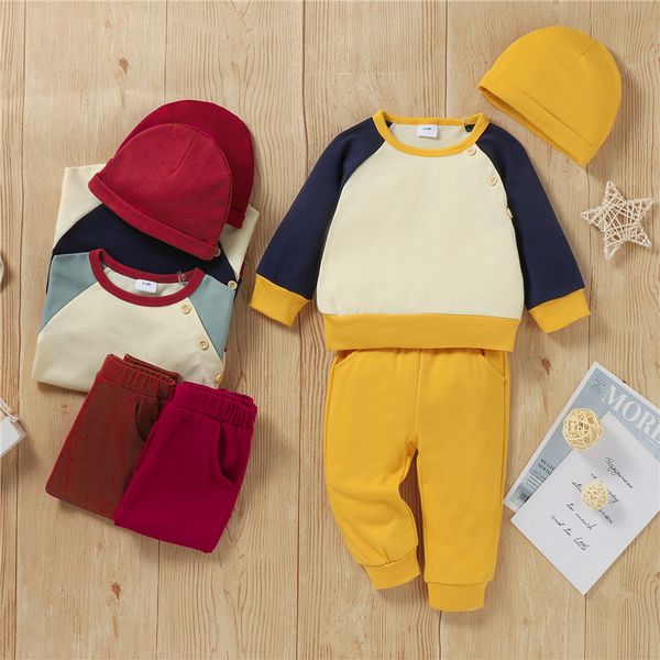 Conjunto de ropa de otoño para bebés, 3 uds., para niñas pequeñas, niños, colores de empalme, pulóver, sudaderas, Tops + Pantalones, trajes de sombrero, conjuntos de algodón para bebés, conjuntos de ropa para recién nacidos de 0 a 24 meses