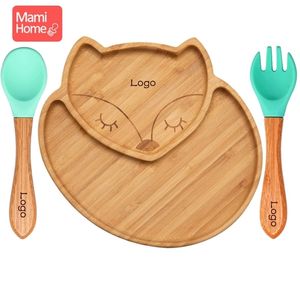 3pcs bébé bambou nourrissant bol bricolage personnalisé dîner plaque dessin animé vaisselle enfants avec ventouse de silicone 211026