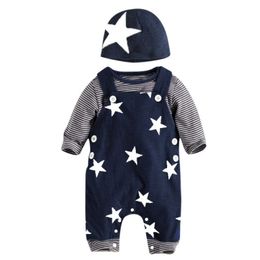 3 stks Baby Boy Clothes Sets Herfst Baby Jongen Lange Mouw Gestreepte T-shirt Tops + Star Brethers Broek + Hoed Outfits Kleding 210309