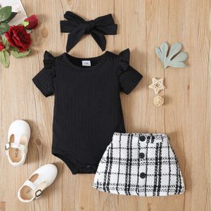 3 stks babymeisje zwart geribbelde romper tweed rok met korte mouwen met hoofdbandset zachte en comfortabele basisstijl L2405