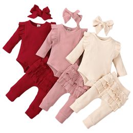 3 stks baby meisje outfit set geboren peuter kinderkleding meisjes kant ruches katoenen bodysuit pantsheadband 240314