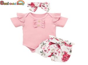 3 stuks baby meisje zomer kleding set bloemmotief shorts roze bodysuit tops romper hoofdband schattige geboren baby kleding outfits sets1001758