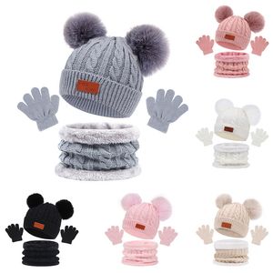 3 -stks babymutsje met sjaal winter gebreide katoenen peuter pet voor kinderen boy meisje baby haarball Bonnet sjaalset warme accessoires