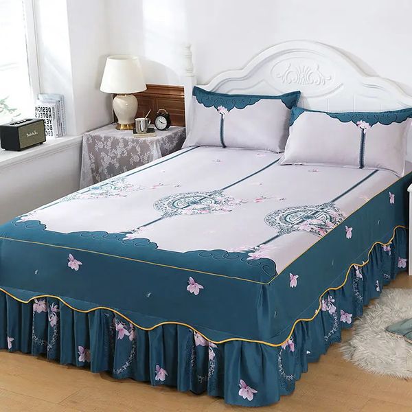 3 pièces drap de lit jupe en dentelle élastique ajusté Double couvre-lit avec taies d'oreiller housse de matelas ensemble de literie King Size drap de lit 231225