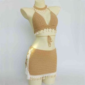 3 pièces Bikini ensemble femme Crochet coquille gland haut et coquillage cheville chaîne Sexy plage jupe dentelle voir à travers mince Mini 210722